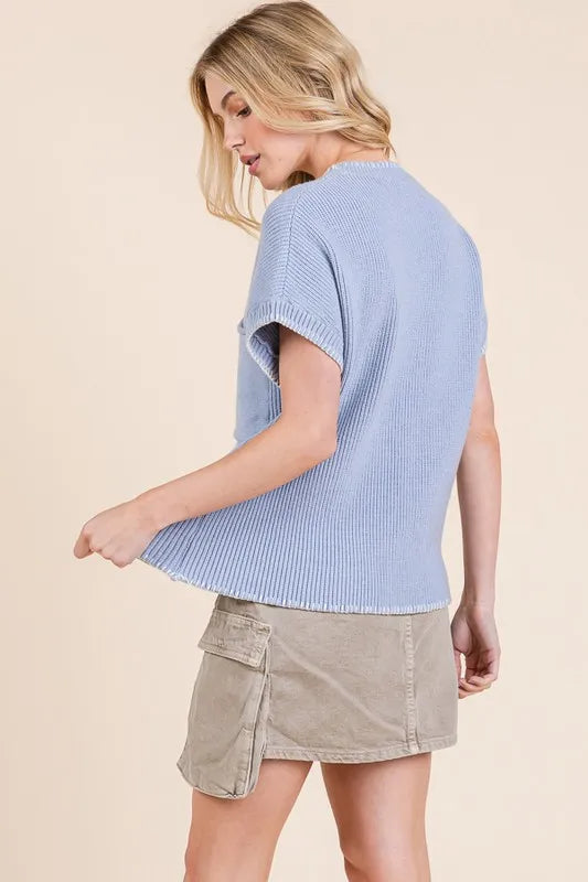 Solid Cap Sleeve Stitch Edge Knit Sweater
