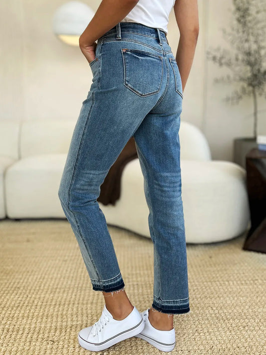 Judy Blue Mid Rise Structured Magic Hem Denim Pants