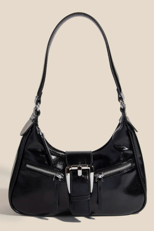 Glossy Buckle Double Zipper Shoulder Bag
