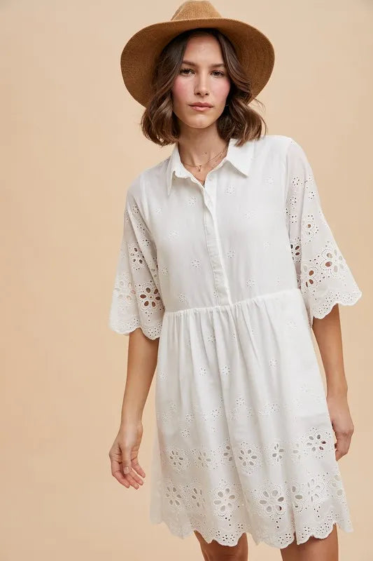 Embroidered Scallop Edge Detail Mini Shirt Dress
