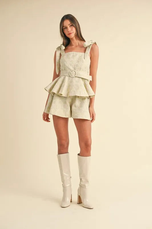Jacquard Floral Peplum Top and Flare Shorts Set