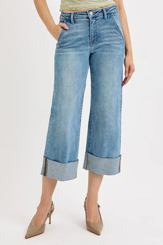 Full Size High Waist Ankle Wide Cuffed Tummy Control Jeans