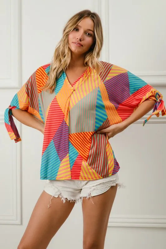 Geometric Print Jersey Blouse with Tie-Detail Sleeves