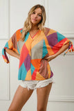 Geometric Print Jersey Blouse with Tie-Detail Sleeves