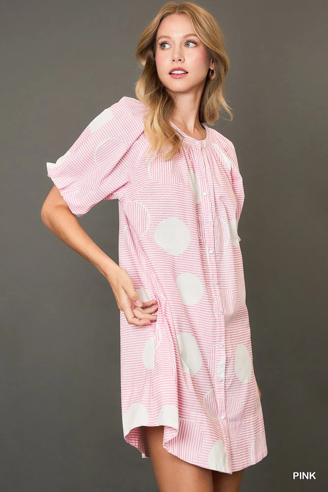 Puff Sleeve Mini Dress with Stripe and Dot Patterns