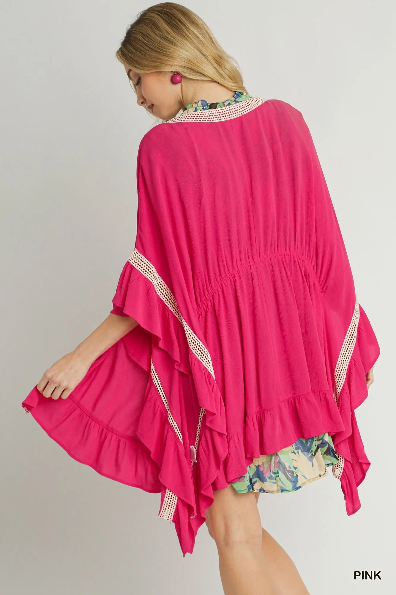 Crochet-Embellished Ruffle Kimono Topper