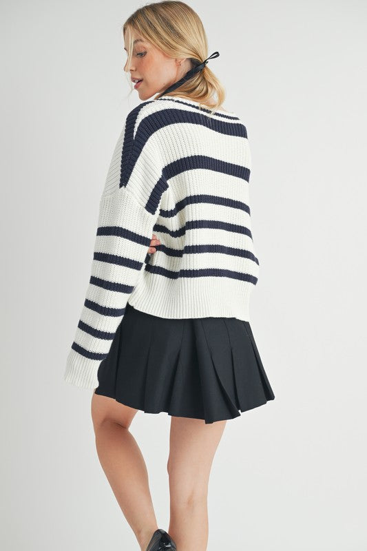 Striped V-Neck Button Down Cardigan