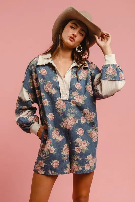 Washed Floral Denim Romper With Contrast Collar
