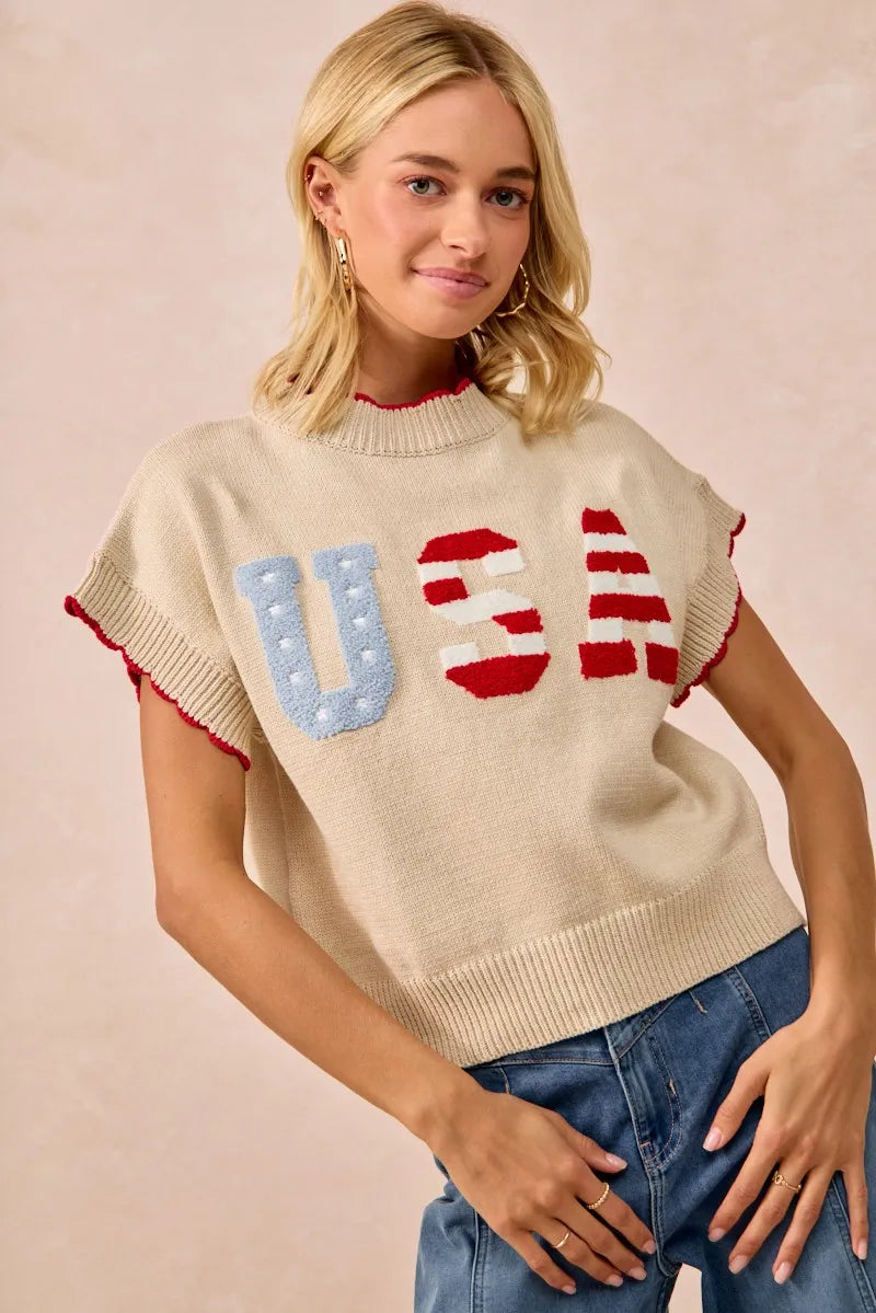 USA Patchwork Sweater Vest Top With Contrast Detail