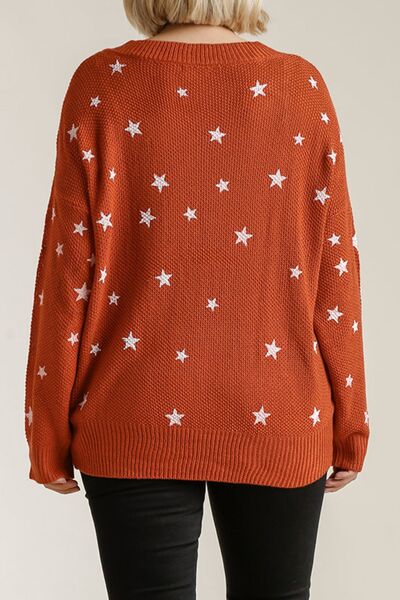 Full Size Star V-Neck Long Sleeve Sweater Plus Size