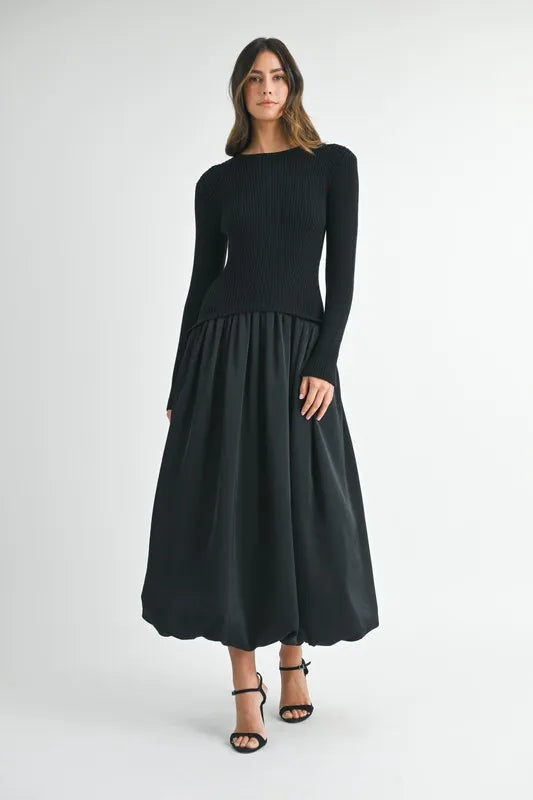 Ribbed Poplin Mix Midi Sweater Dress