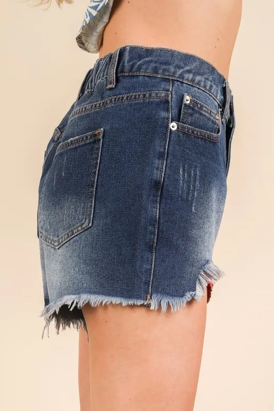 Raw Hem Pocketed Contrast Washed Denim Shorts