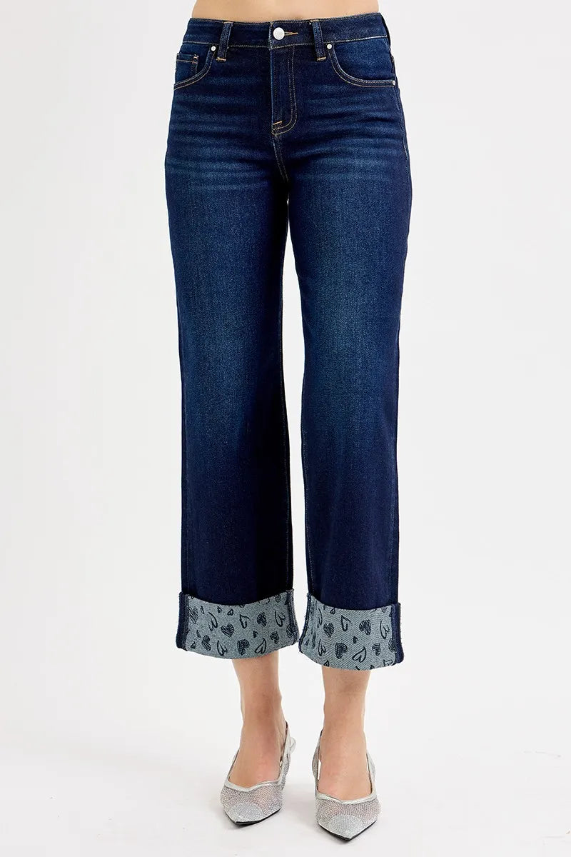 Full Length Crop Fit Wide Leg Jeans with Patterned Cuff