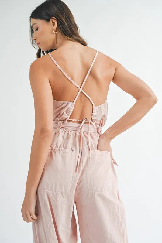 Washed Fabric Spaghetti Strap Waist Belted Jumpsuit