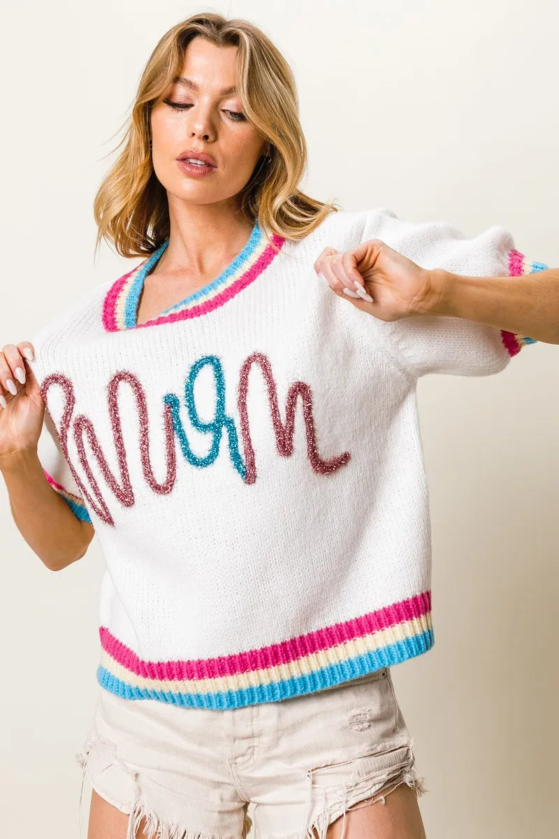 Glam Metallic Letter Puff Sleeve Sweater