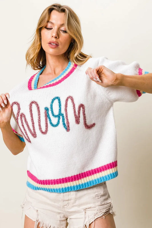 Glam Metallic Letter Puff Sleeve Sweater