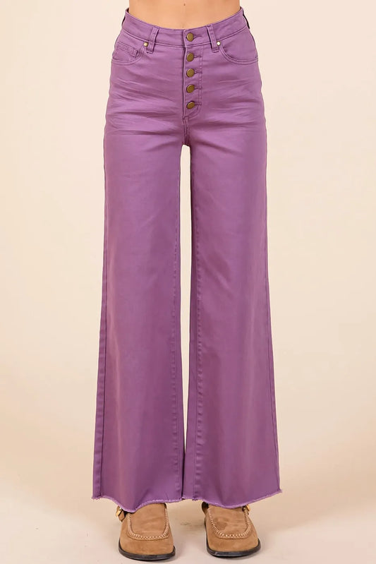 Twill High Waisted Button Fly Wide Leg Pants