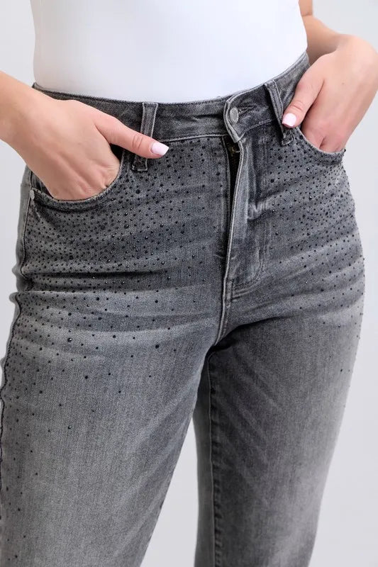 Full Size High Waist Rhinestone Straight Jeans Plus Size