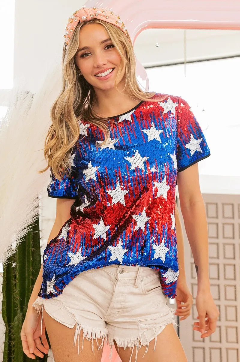 American Theme Star Pattern Sequin Top