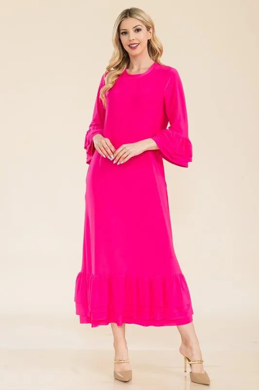Full Size Modest Midi Dress with 3/4 Ruffle Bell Sleeves Plus Size