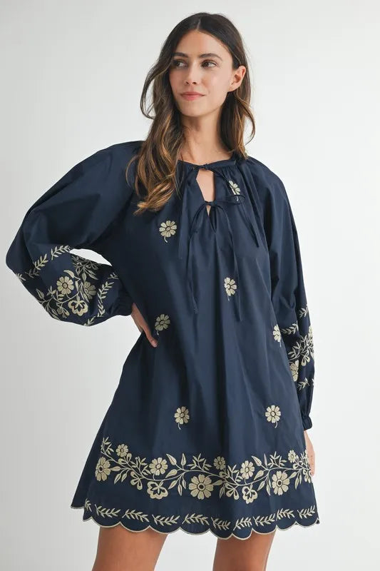 Embroidered Long Sleeve Peasant Mini Dress