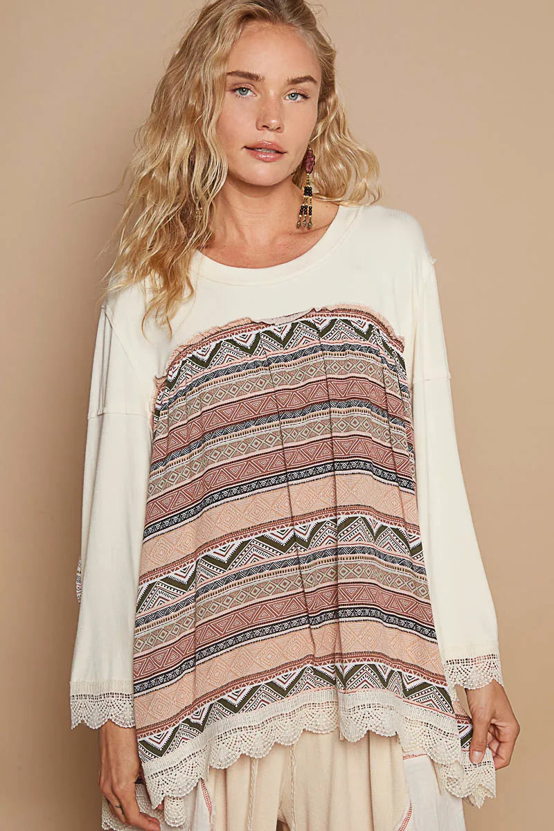 Boho Tribal Print Long Sleeve Blouse with Fringe Trim