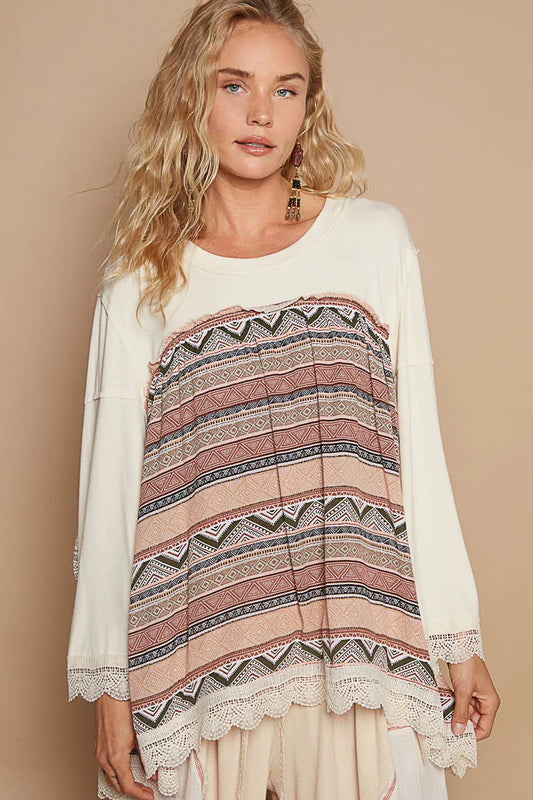 Boho Tribal Print Long Sleeve Blouse with Fringe Trim