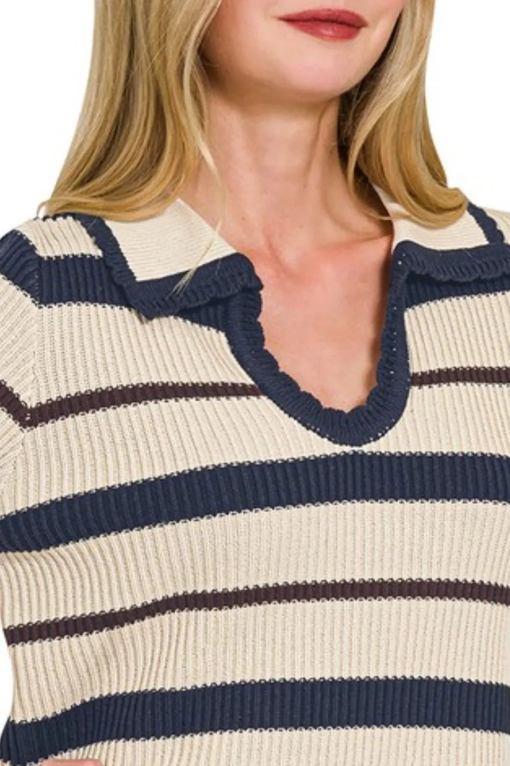 Striped Collared Short Sleeve Cropped Sweater