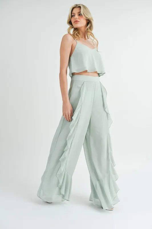 Crop Cami and Ruffled Wide Leg Pants Set