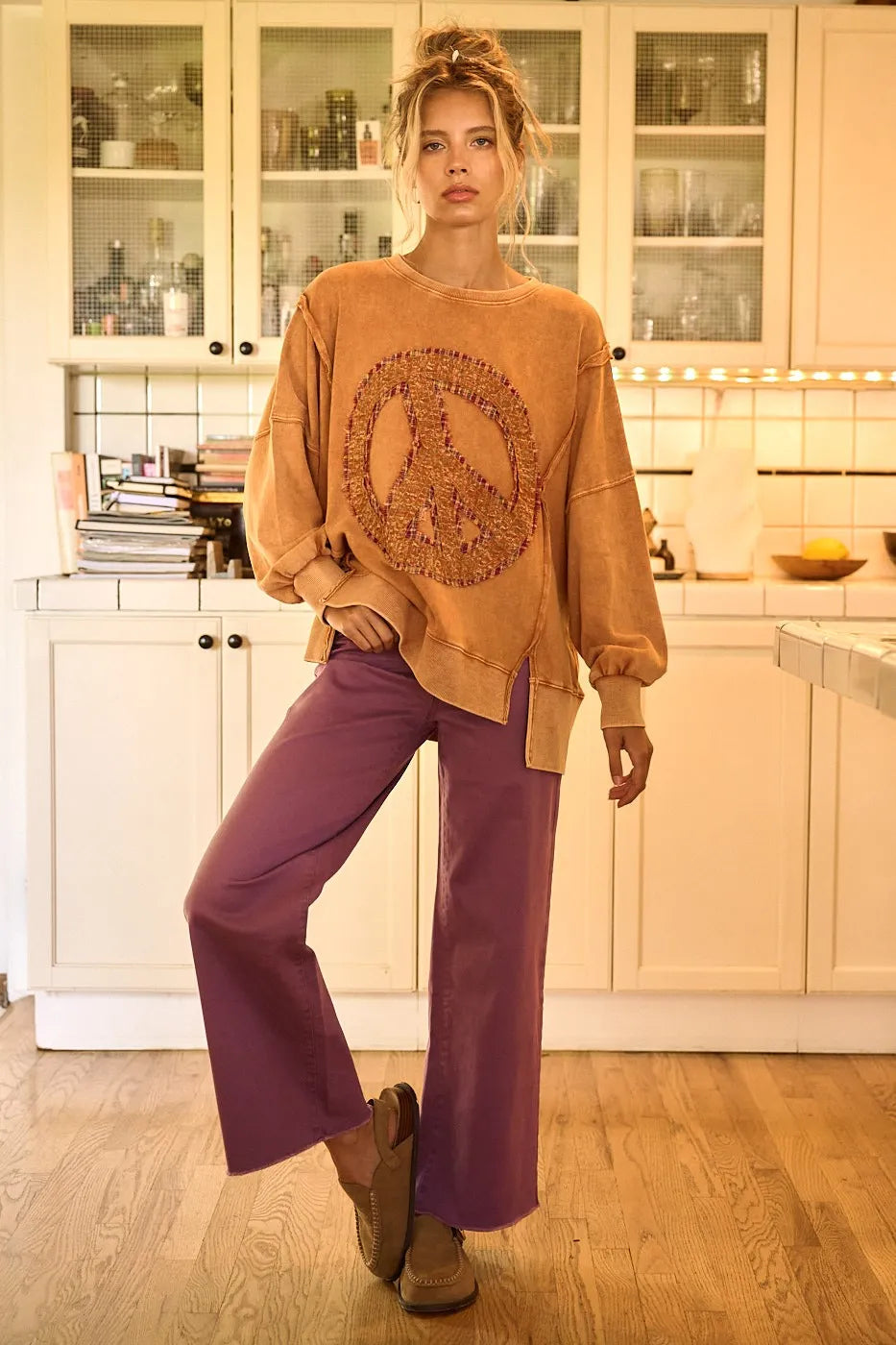 Twill High Waisted Button Fly Wide Leg Pants