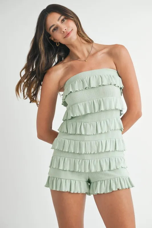 Pointelle Knit Fabric Ruffled Tube Romper