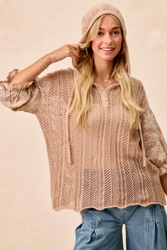 Floral Jacquard Puff Sleeve Hooded Knit Top
