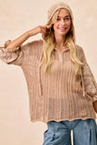 Floral Jacquard Puff Sleeve Hooded Knit Top