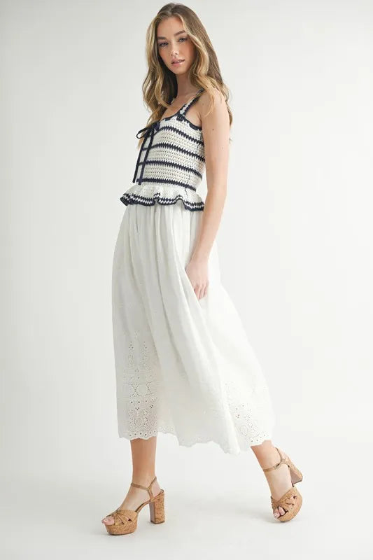 Crochet Stripe Knit Eyelet Mix Midi Dress