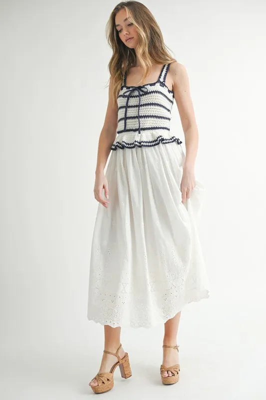 Crochet Stripe Knit Eyelet Mix Midi Dress