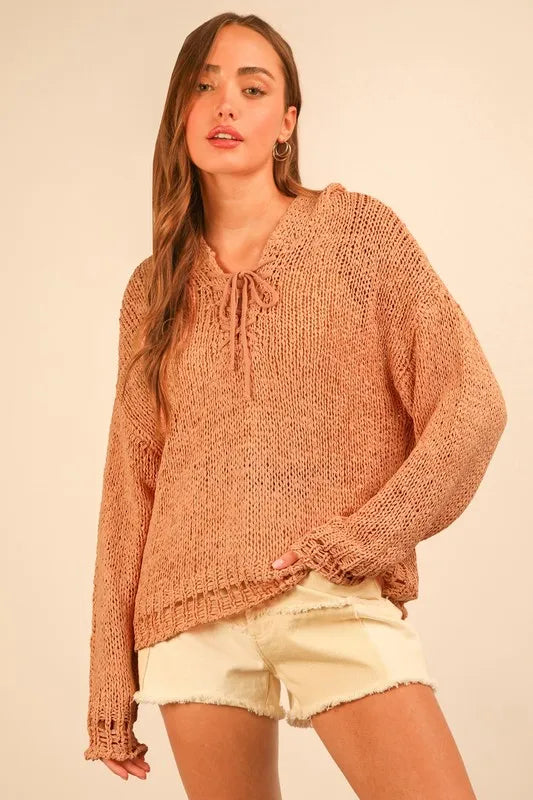 Oversized Openwork Lace Up Hooded Sweater