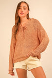 Oversized Openwork Lace Up Hooded Sweater