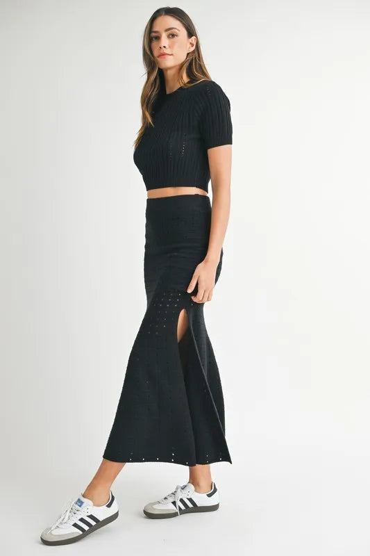 Pointelle Short Sleeve Crop Top and Slit Skirt Sweater Set