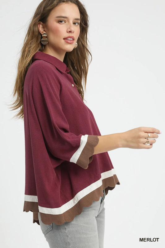 Chic Scallop-Hemmed Colorblock Button-Up Shirt