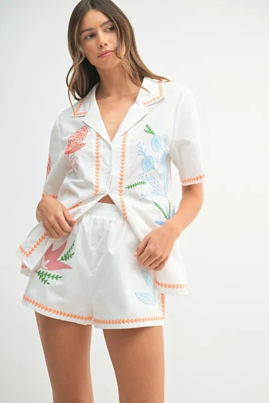 Embroidered Button Down Shirt and Shorts Set