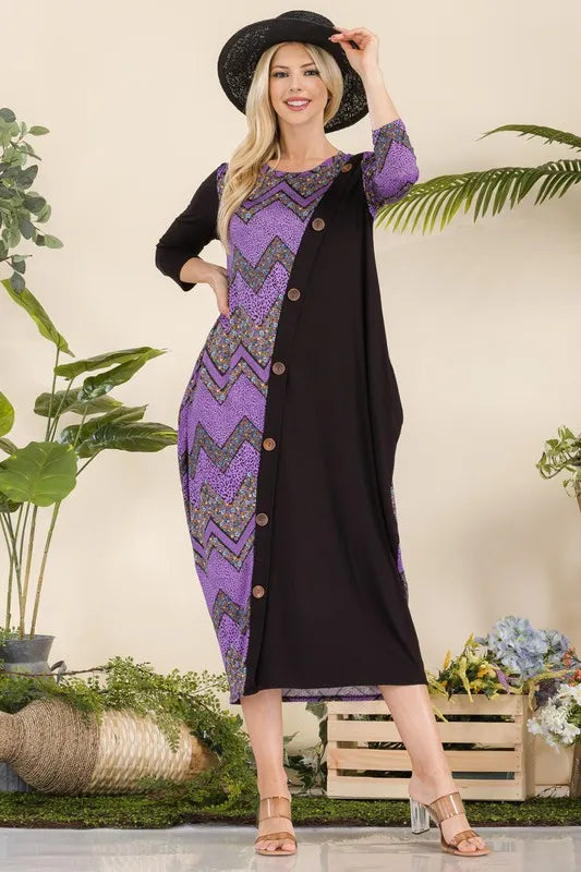 Full Size Geo Print Paneled Dress with Buttons Plus Size