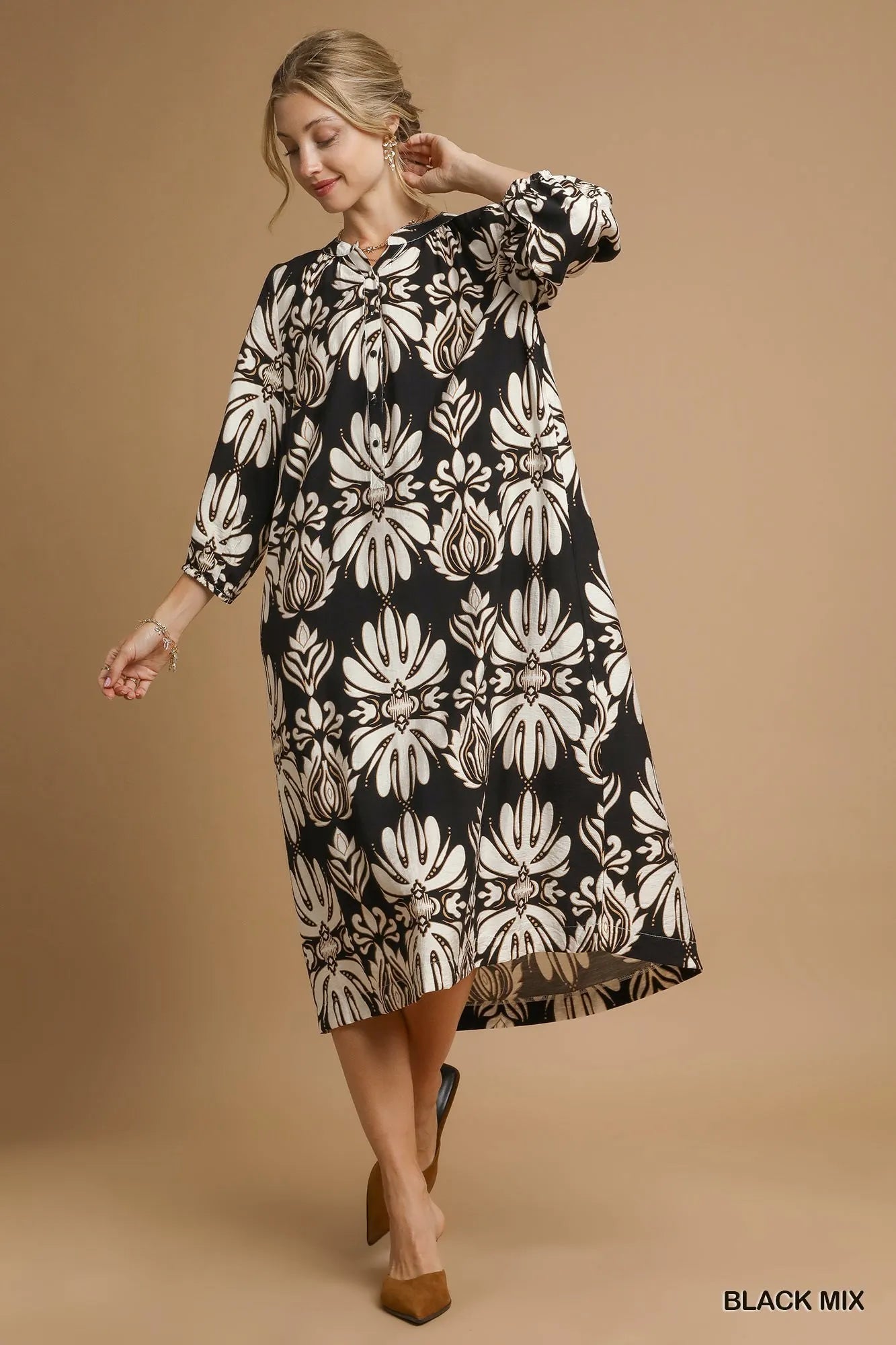 Abstract Floral Pattern Midi Dress