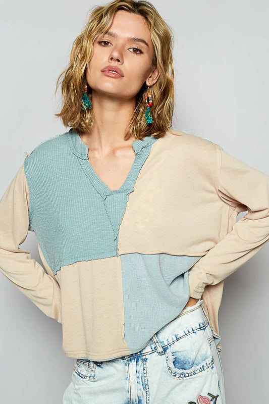 Notched Neckline Long Sleeve Tee Shirt