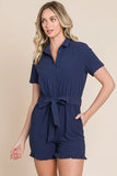 Collared Button Down Romper with Tie Belt