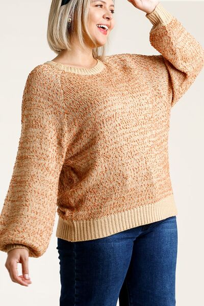 Full Size Ribbed Hem Round Neck Long Sleeve Popcorn Sweater Plus Size