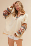 French Terry Knit and Aztec Print Mixed Top
