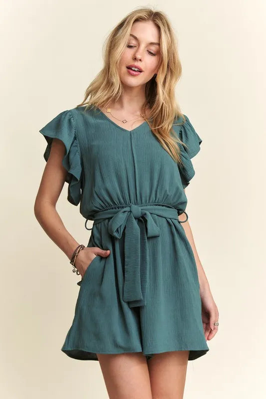 Ruffle Sleeves Romper with Pockets
