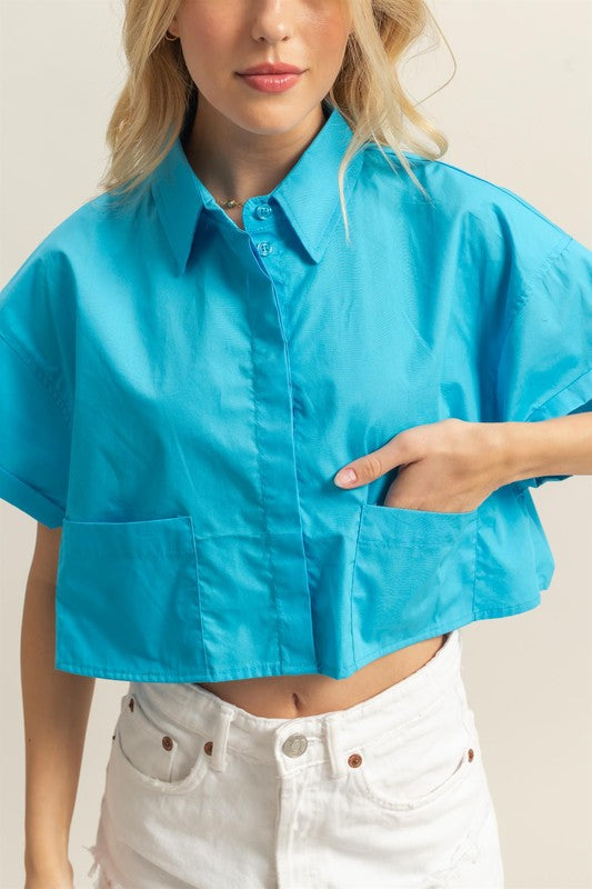 Collared Neck Short Sleeve Crop Shirt
