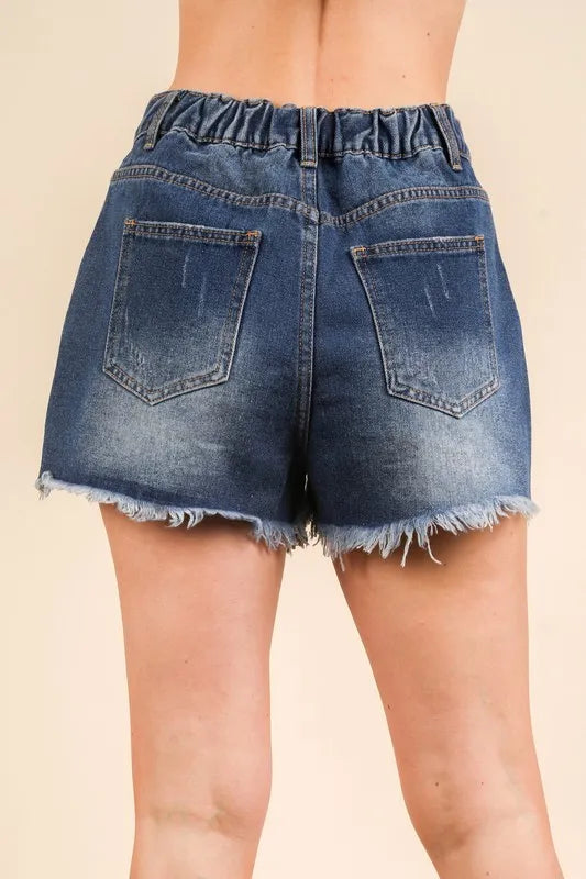 Raw Hem Pocketed Contrast Washed Denim Shorts