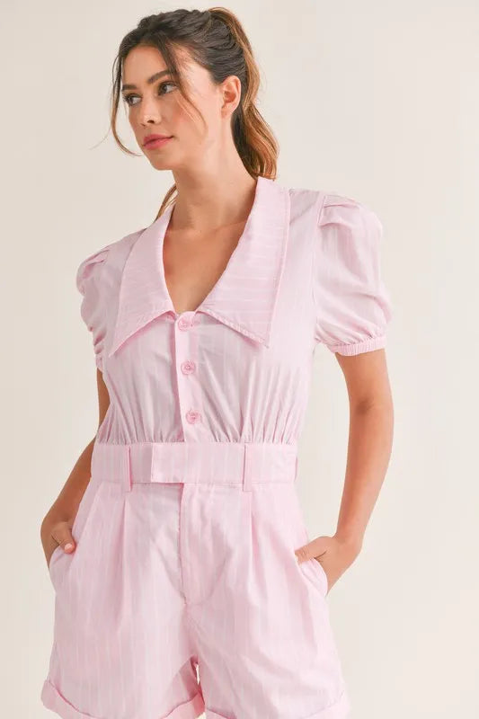 Striped Puff Sleeve Collared Neck Romper